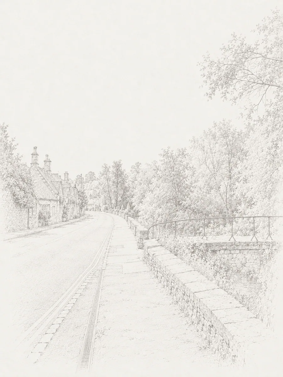 Illustrated walking direction for step 1 of the Bibury walk