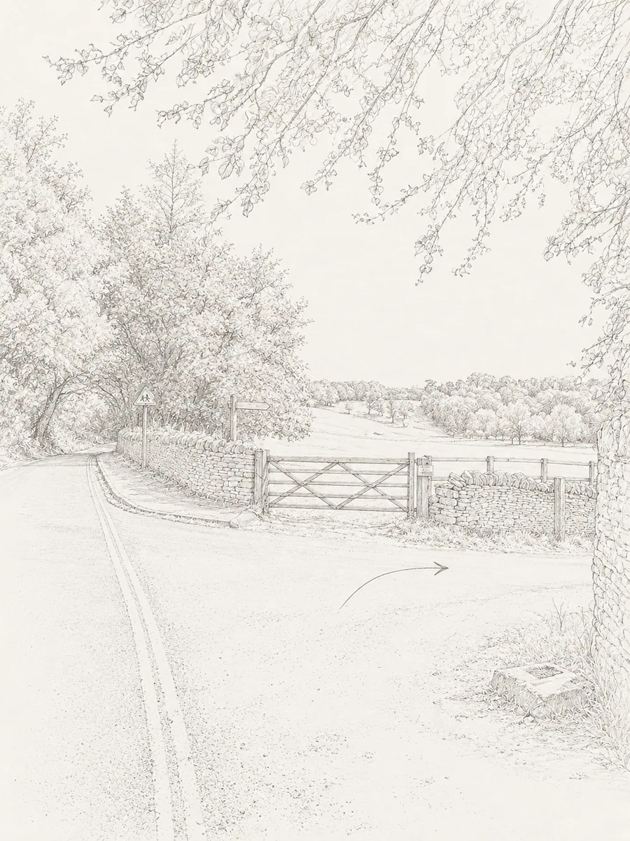 Illustrated walking direction for step 6 of the Bibury walk