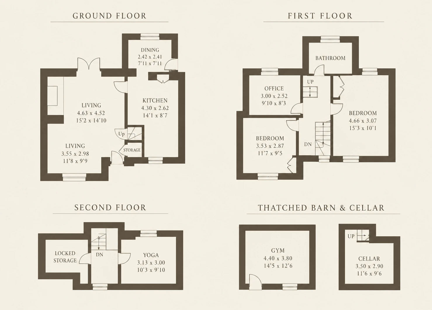 Illustrated floor plan showing the ground floor, first floor, second floor, and thatched barn and cellar