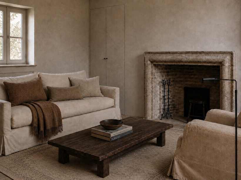 The sitting room, with a stone fireplace and low timber table