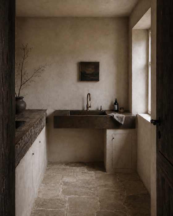 The kitchen, with a stone sink and flagstone floor