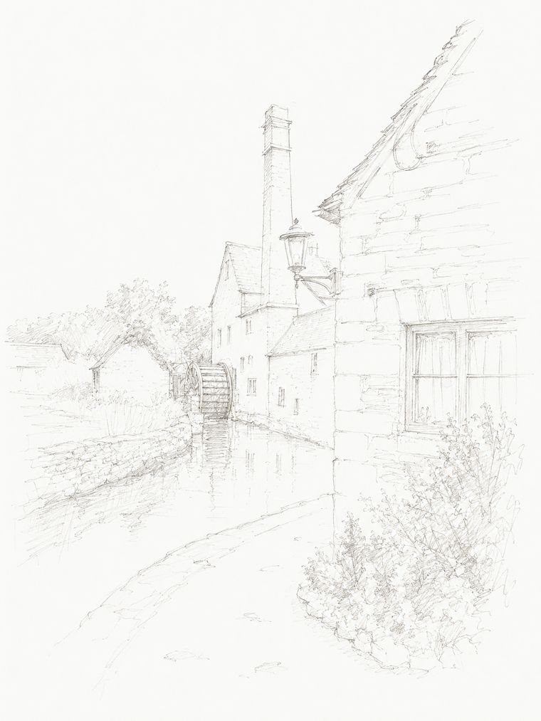 Sketch of step 2: Take the narrow passage on the left side of the cottage and walk past the Old Mill.