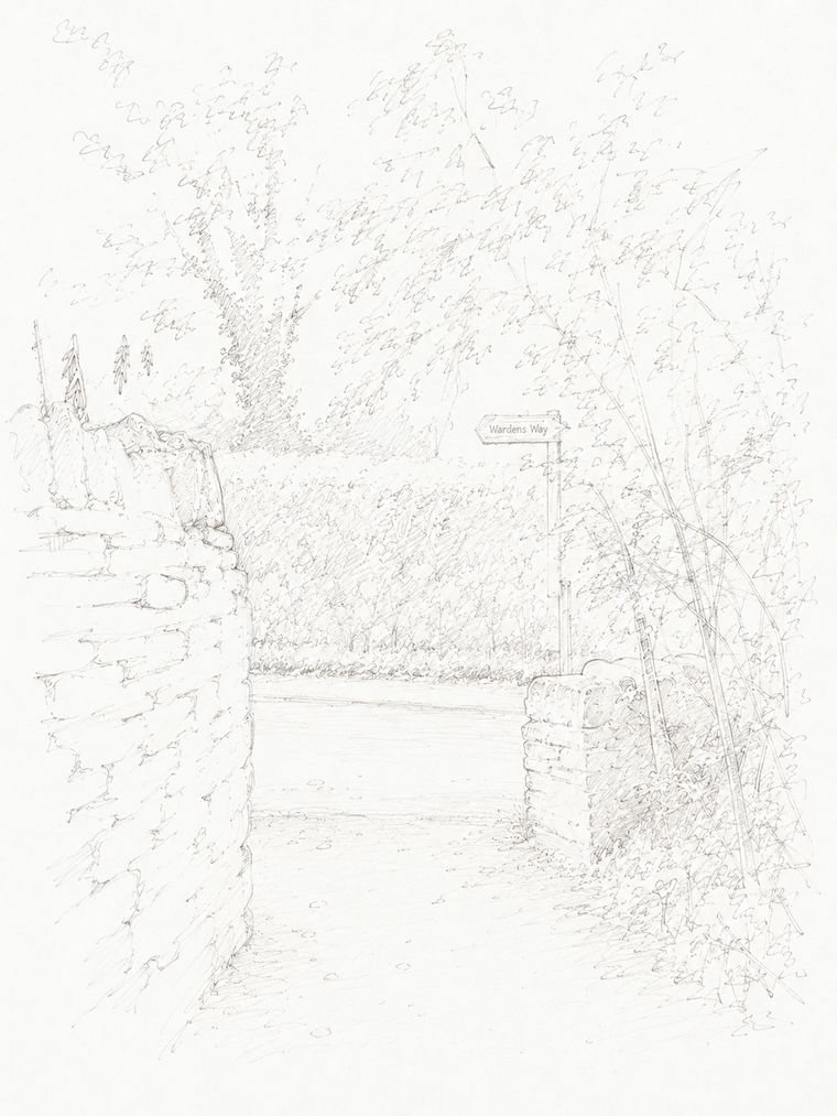 Sketch of step 6: At the road turn left into the village.