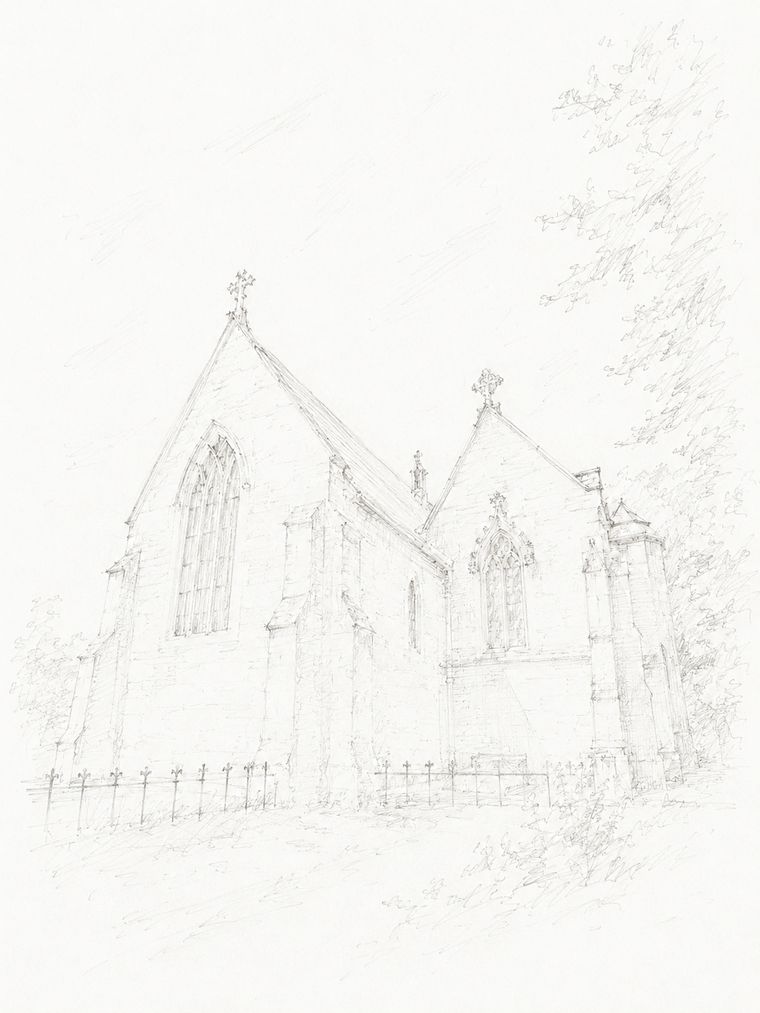Sketch of step 9: Walk along the left side of the church and back to the big tree.