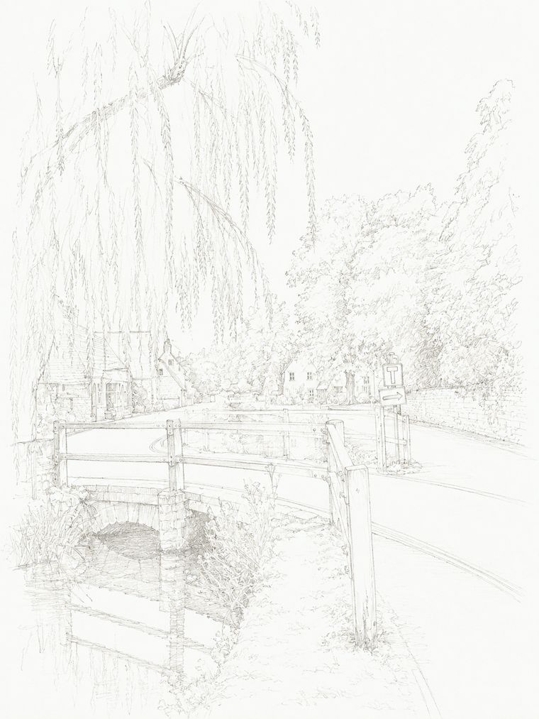 Sketch of step 1: Start on the right side of the river and walk towards the Old Mill.