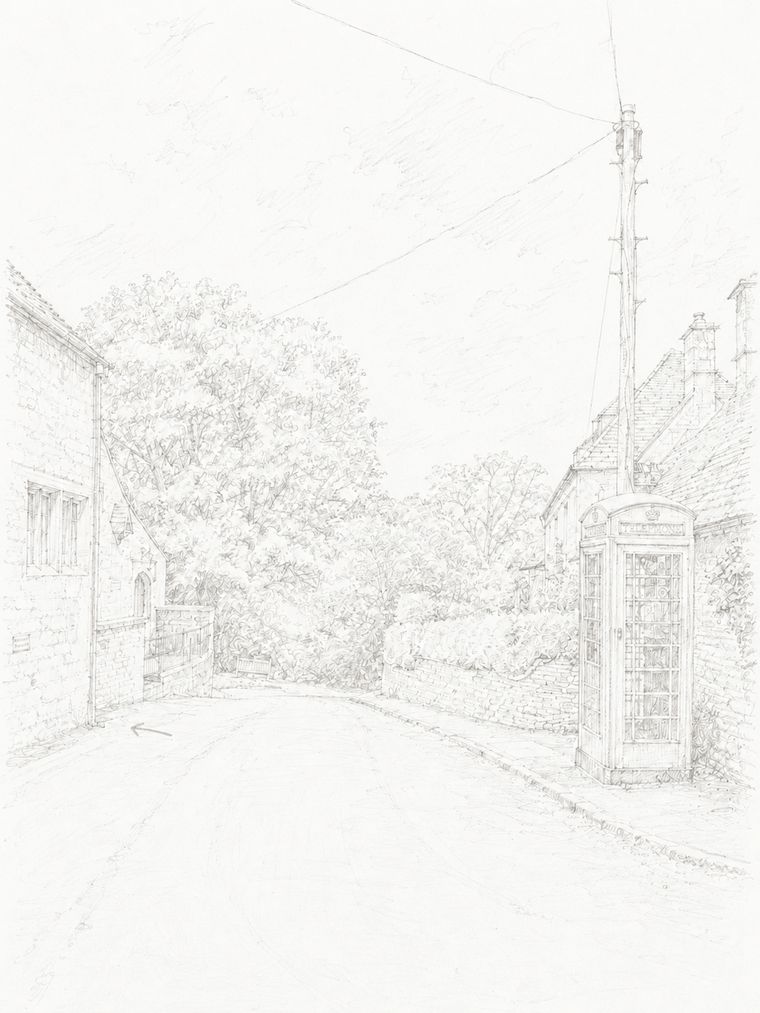 Sketch of step 8: Turn into the little lane opposite the red telephone box.