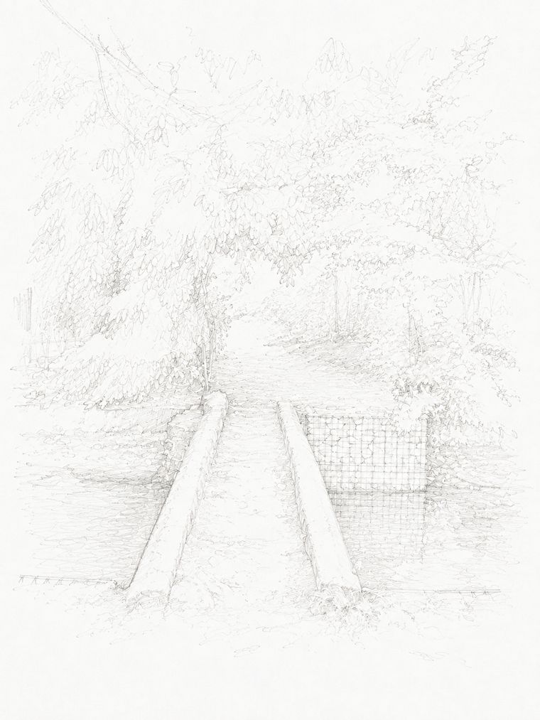 Sketch of step 5: Cross the tiny footbridge and continue until you reach the road.