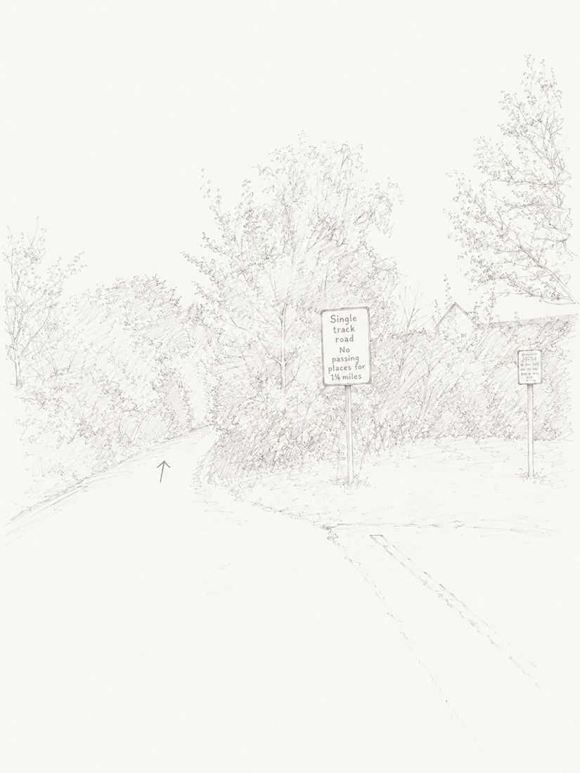 Sketch of step 1: From the car park, turn left and continue straight until you reach the two speed signs.