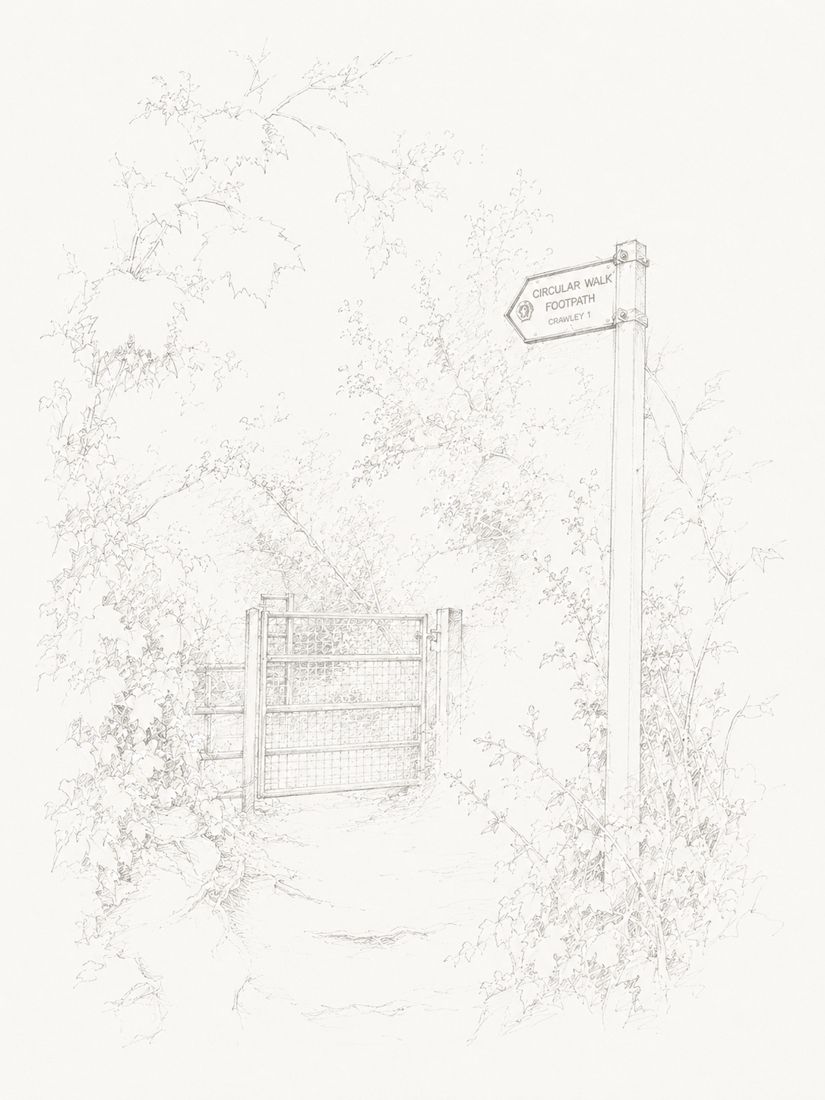 Sketch of step 2: Just past the speed signs, turn right through the metal gate. Walk diagonally across the field toward the wooden gate between the trees.