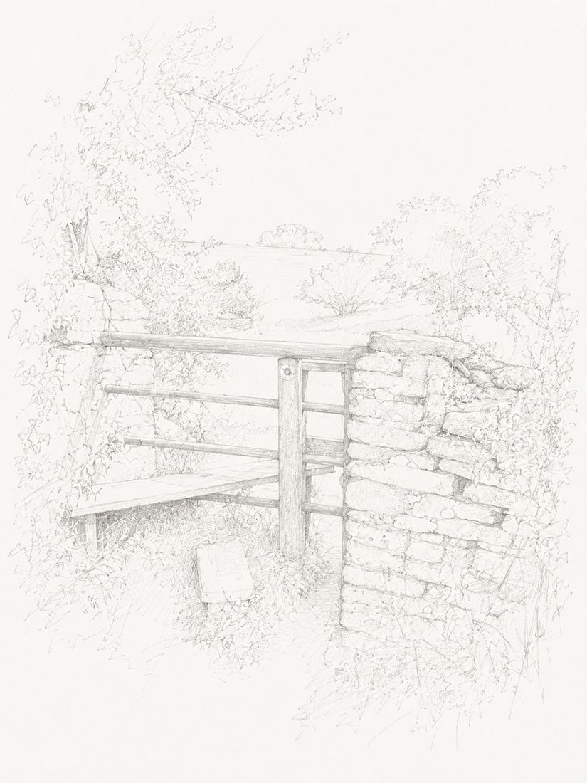 Sketch of step 3: Continue along the path, cross the stile, and keep going straight.