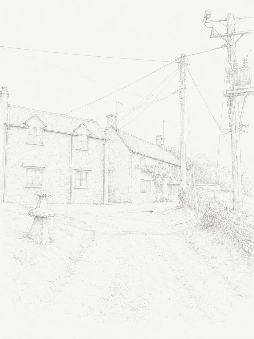Sketch of step 4: When you reach the Tarmac road, turn right. At the next junction, turn right again and continue to Crawley Bridge.