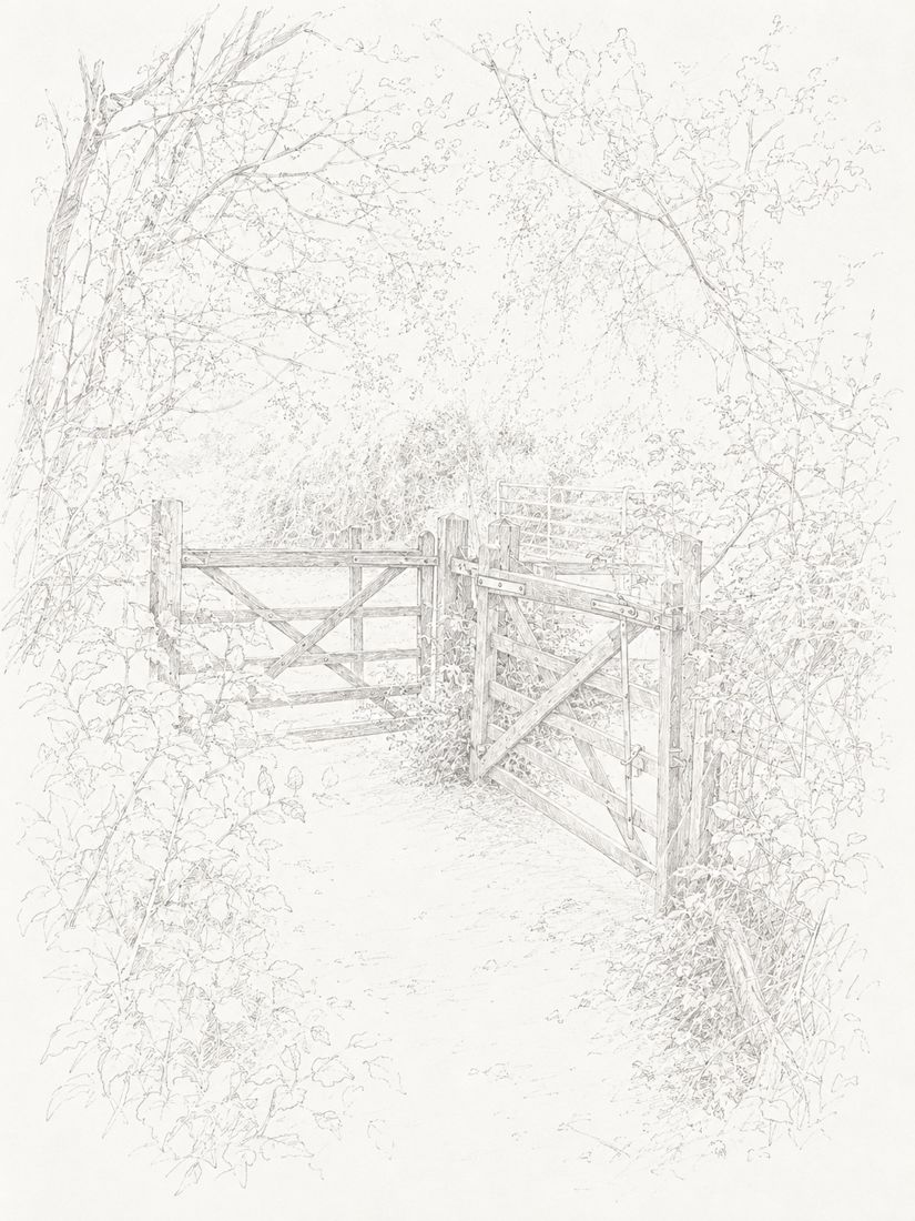 Sketch of step 6: Continue along the path until you reach the two gates. Take the gate on the right and continue straight across the field.
