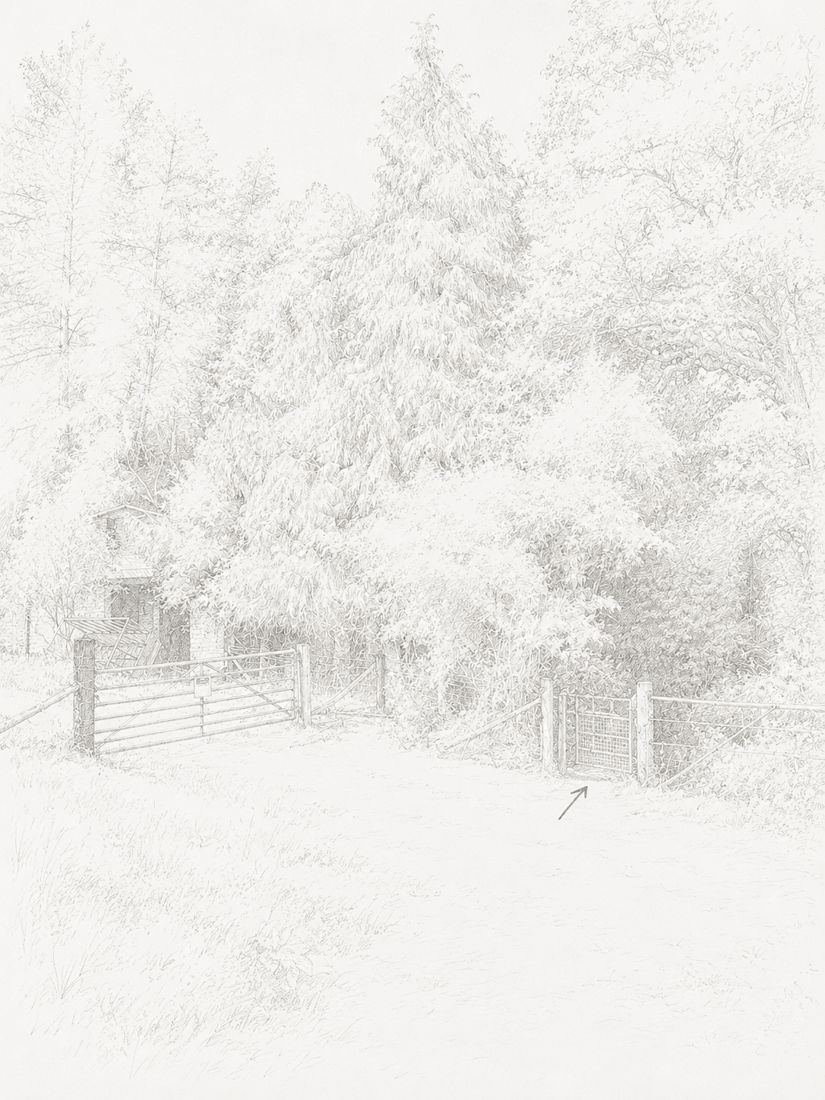 Sketch of step 10: At the small stone building, go through the smaller gate.
