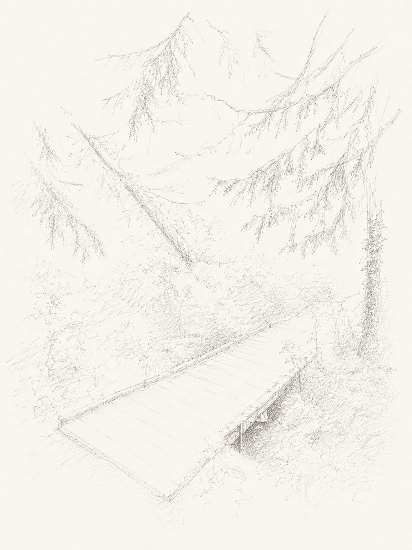 Sketch of step 12: Cross the footbridge. Turn left at the end and continue along the path.