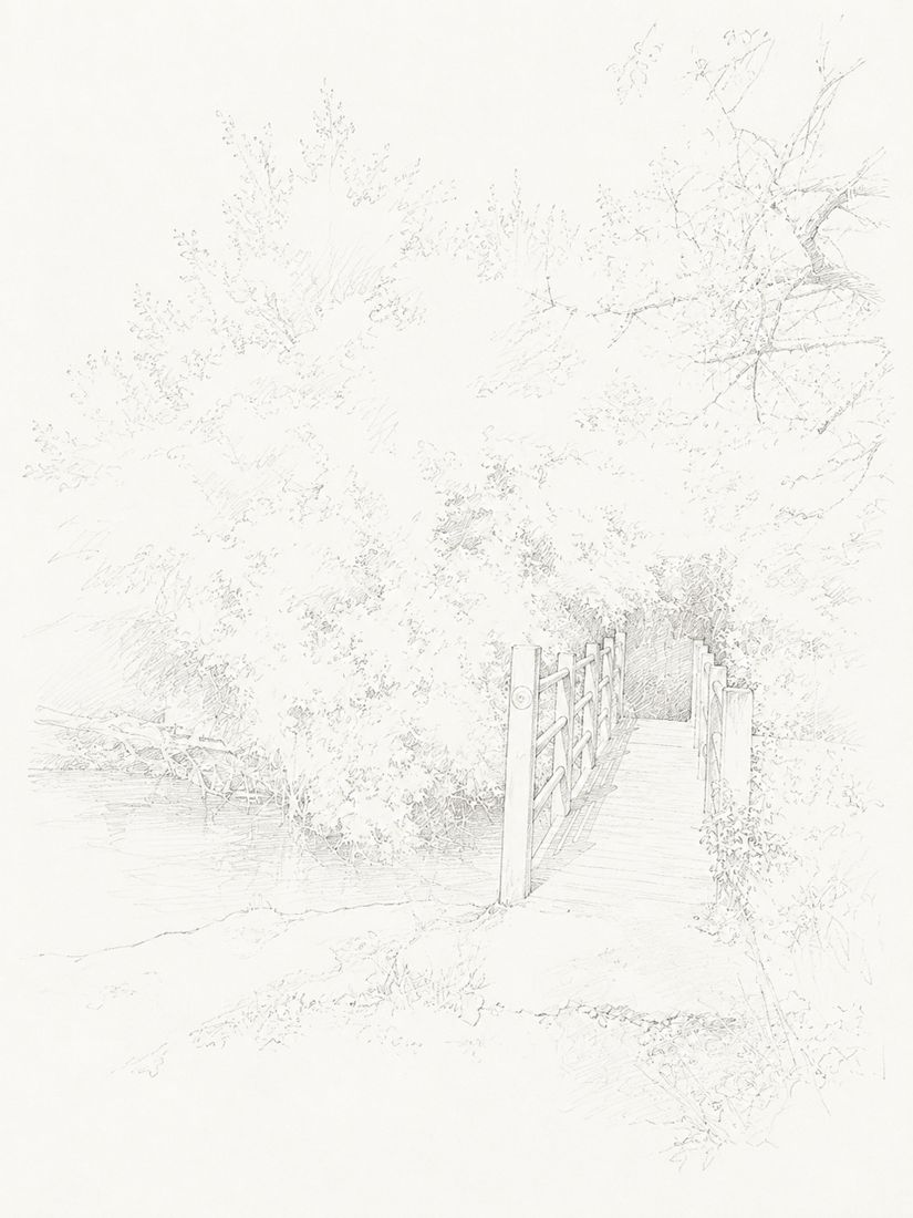 Sketch of step 13: Continue along the riverside path. Cross the bridge and bear left across the meadow toward Minster Lovell Hall.