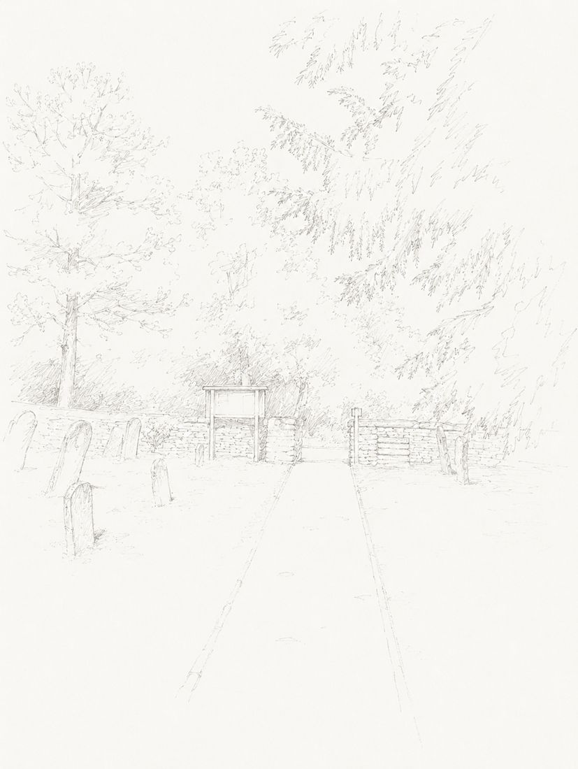 Sketch of step 15: Continue through the churchyard to the road. Turn left and follow the road back to the car park.