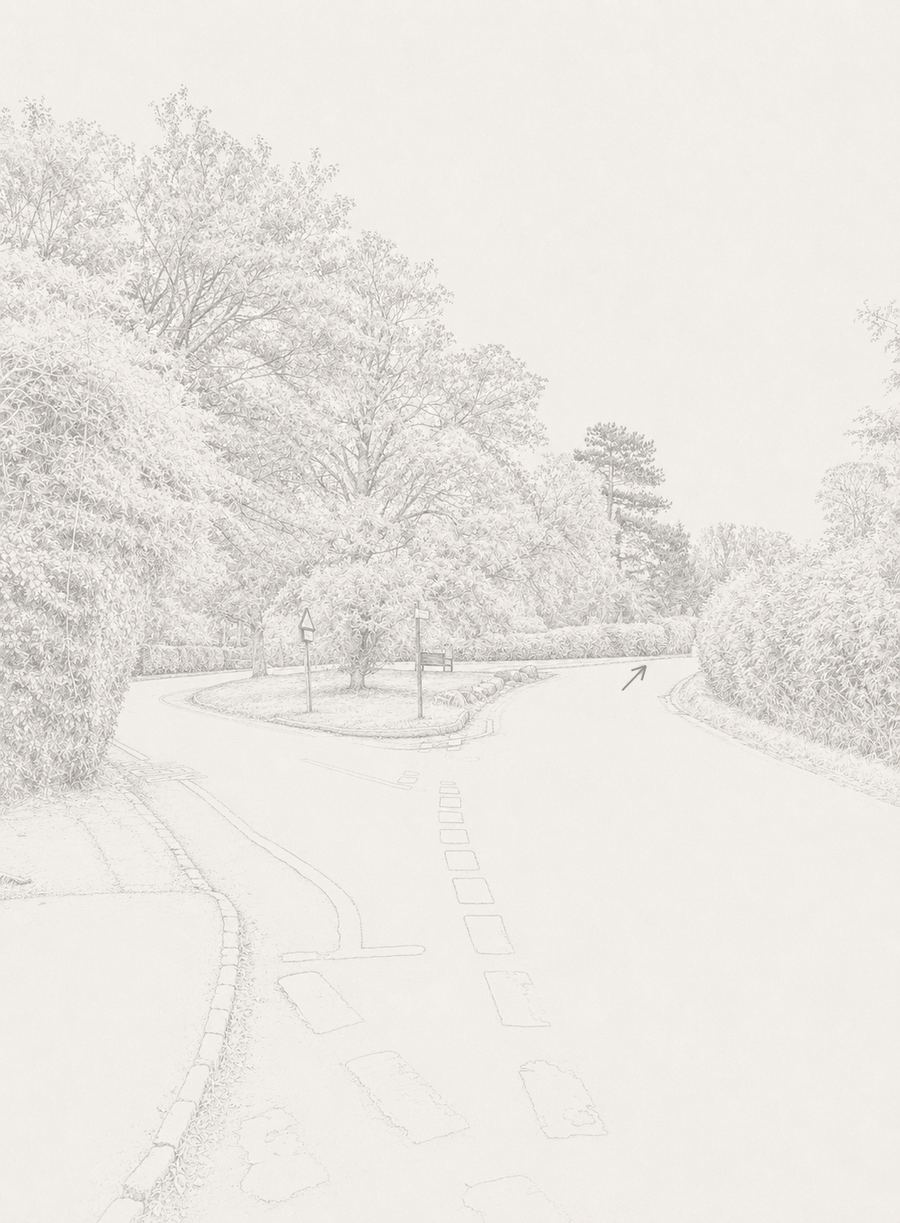 Sketch of the road curving right past the island