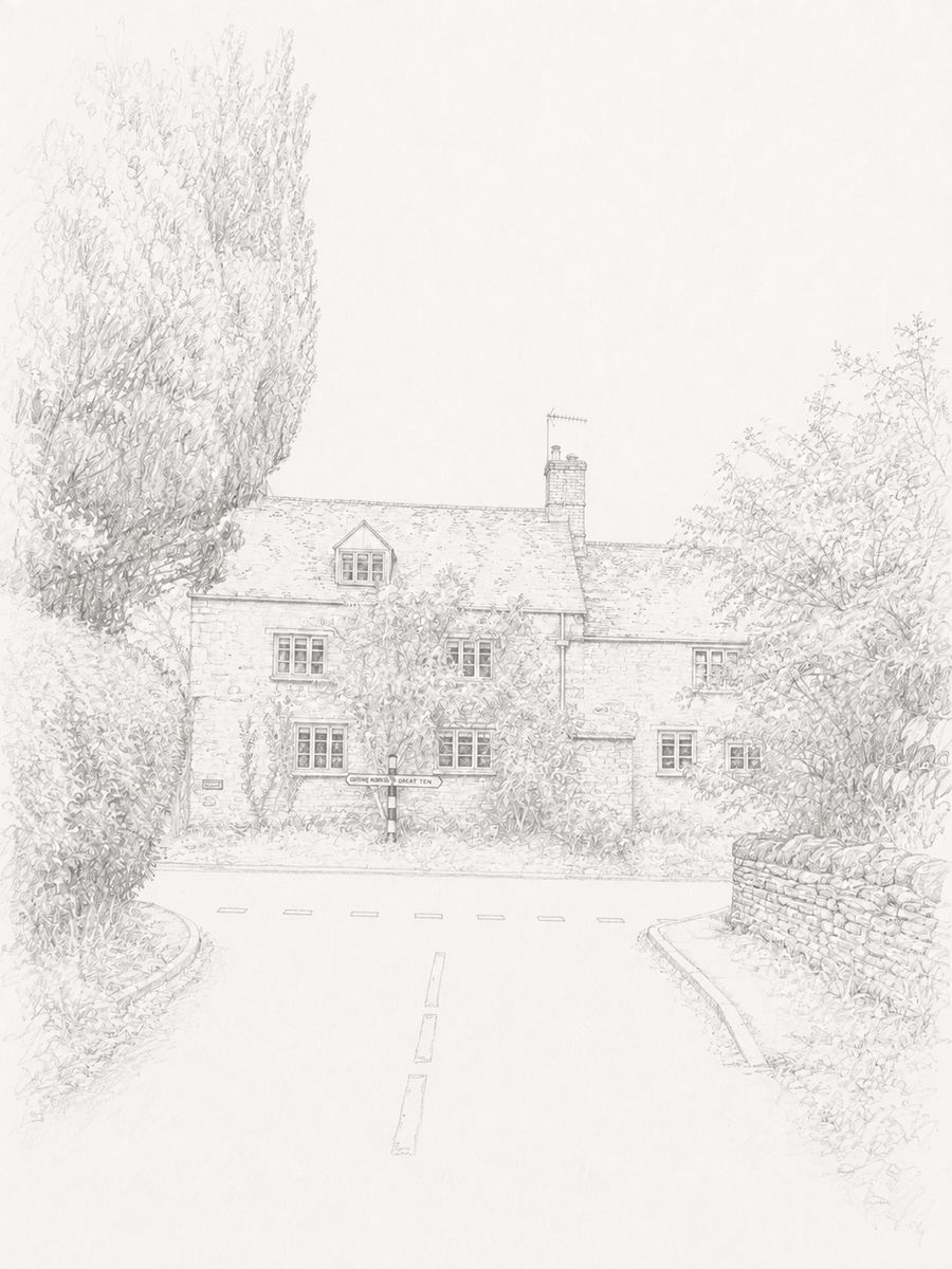 Sketch of the black-and-white signpost in the village
