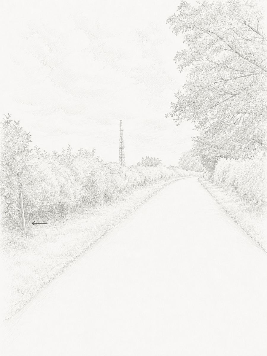 Sketch of the small post and the gap in the hedge